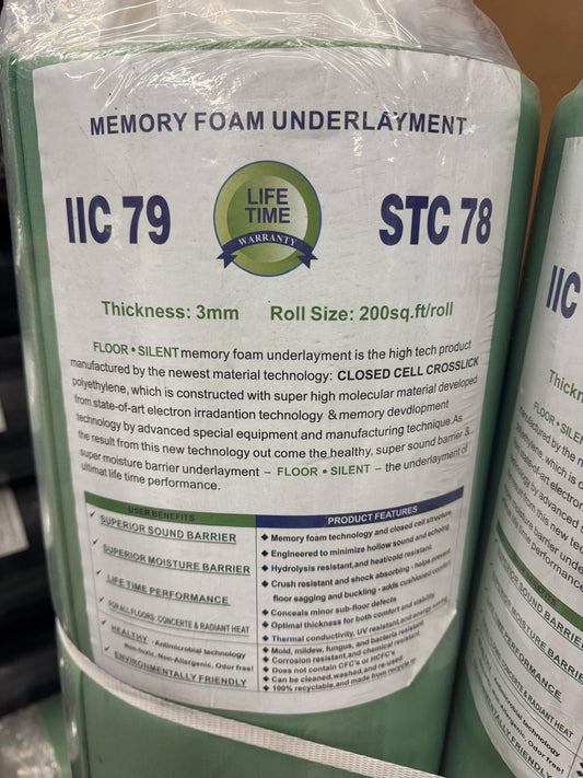 Underlayment - New Floor Silent IIC 79, STC 78 Memory Foam Underlay