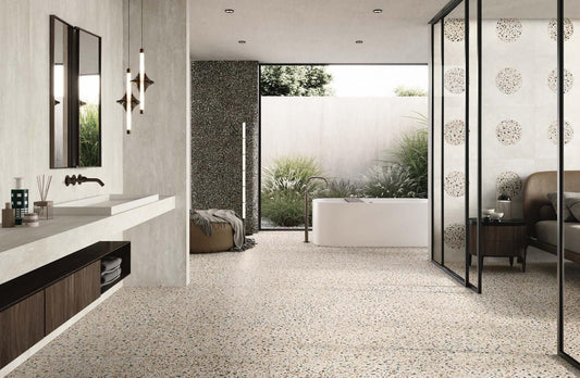 A room scene featuring the Civic Multicolour White Matte tile installed on a floor, showcasing its modern aesthetic.