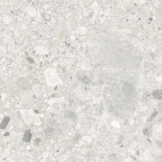 Full view of a room floor tiled with Ceppo Ivory Matte porcelain