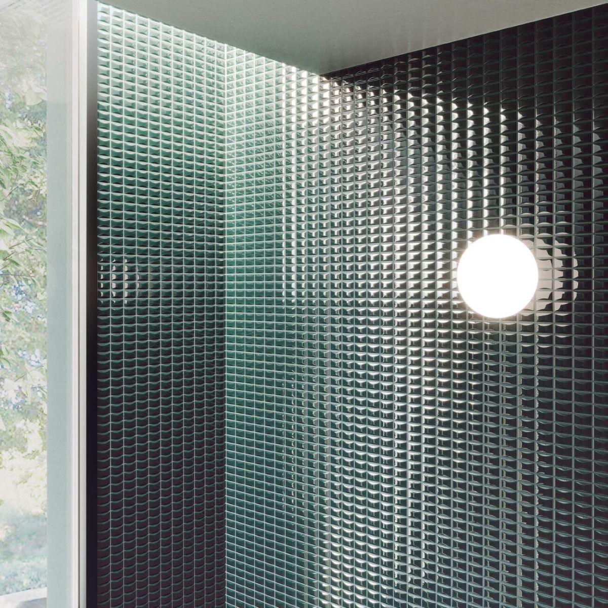 Close-up of the 5x10 inch emerald bevel gloss wall tile with the 3D bevel pattern visible