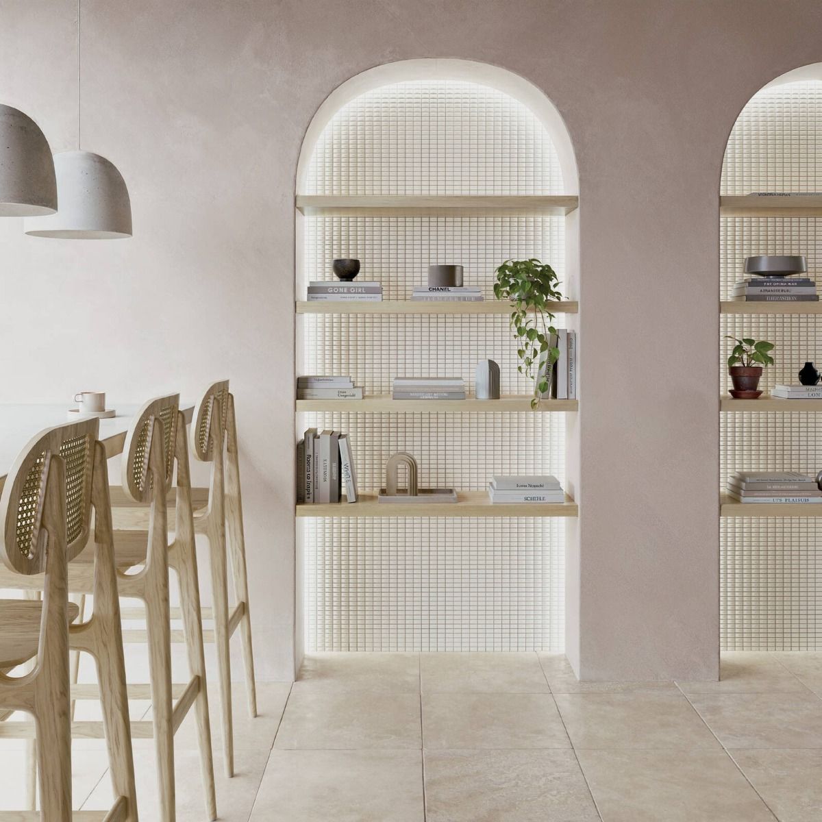 Close-up of 3D Bars quartz bevel matte tile showing the bevel edge and raised bar texture