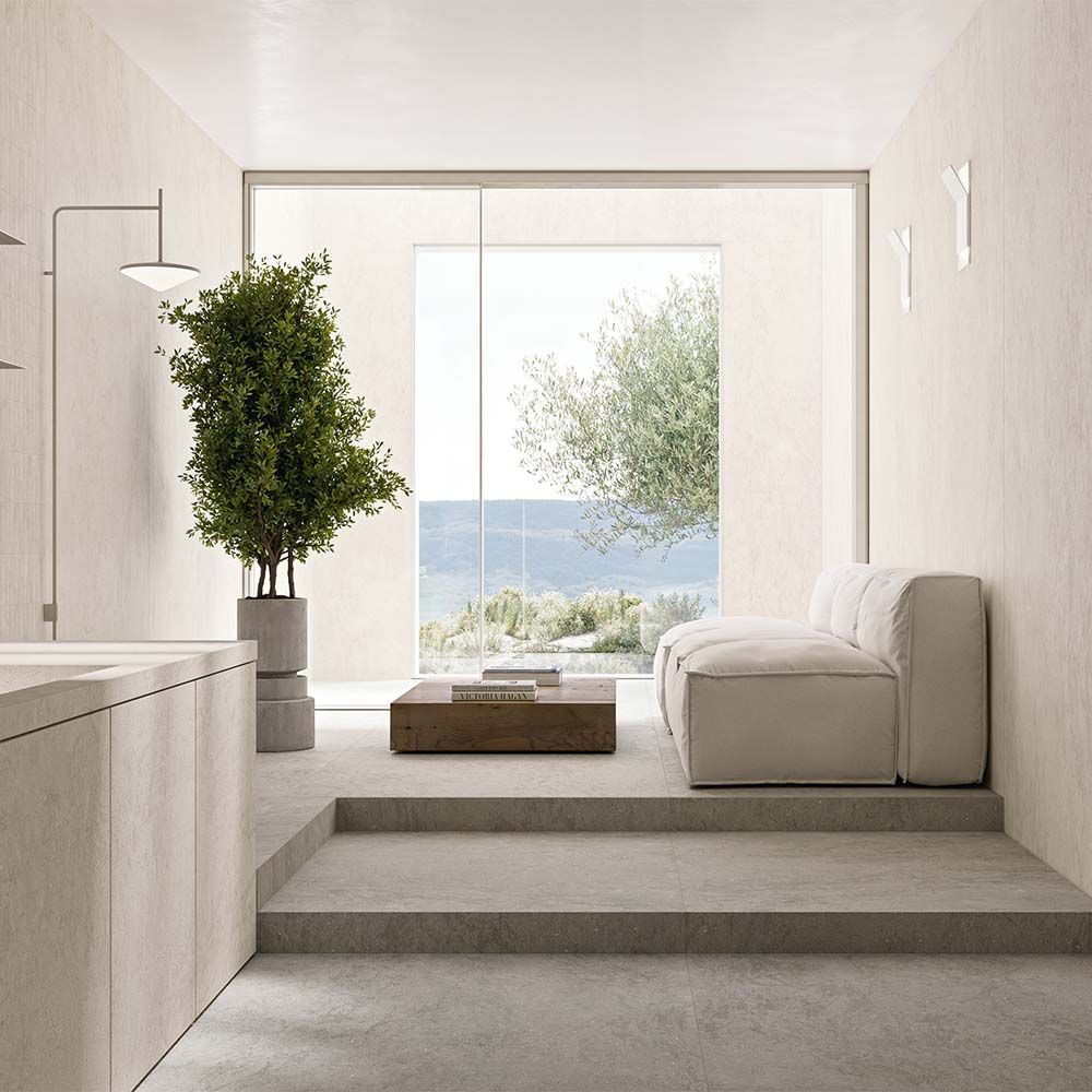 Detail shot of the Canve Craie 12x24 inch tile surface, emphasizing the matte texture and light, neutral tone.