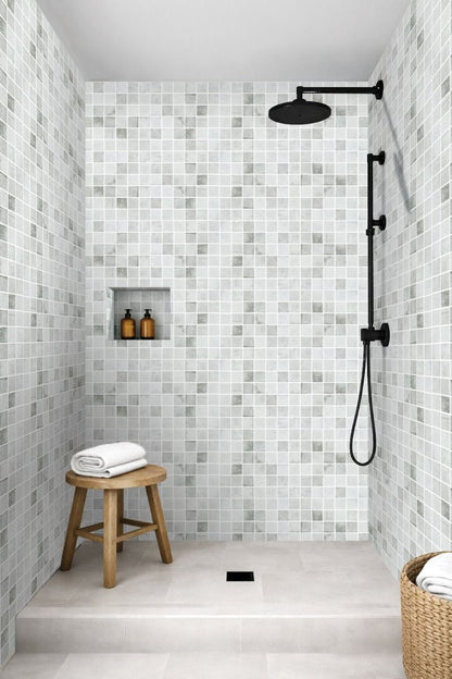 Caldera Grey Shabby matte recycled glass mosaic tile — 12" x 12" dot-mount sheet of 2" x 2" mosaic tiles