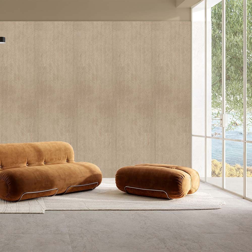 Installed Canve Sable 3D Trait glazed porcelain tiles on a wall, showcasing the 3D pattern and overall aesthetic.