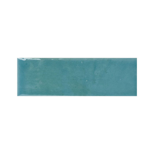 Stack of Azur blue gloss ceramic tiles showing their side profile and thickness