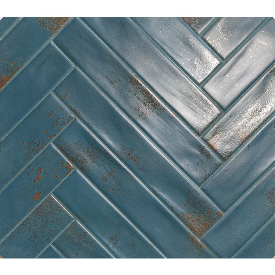Arrangement of several navy blue ceramic wall tiles, highlighting the 2"x12" size and satin finish in a pattern.