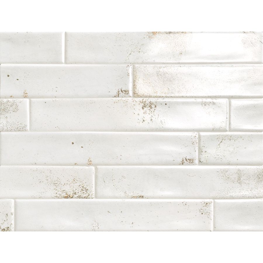A stack of Cool 2"x12" White Satin Ceramic Wall Tiles, highlighting their consistent size and finish.