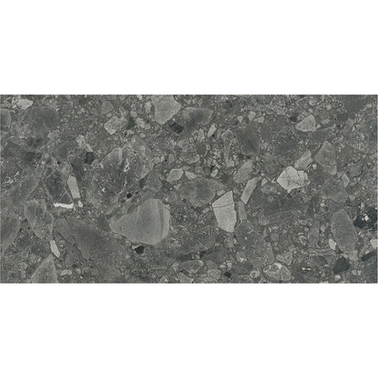 Installation example of Ceppo Anthracite Matte tiles on a wall, highlighting the rectified edges and minimal grout lines