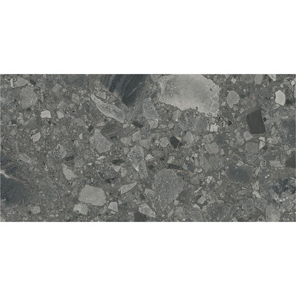 A stack of Ceppo Anthracite Matte tiles, showing the consistent sizing due to rectification