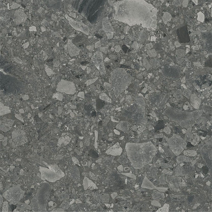 Overhead shot of the tile, emphasizing its dark grey color and texture