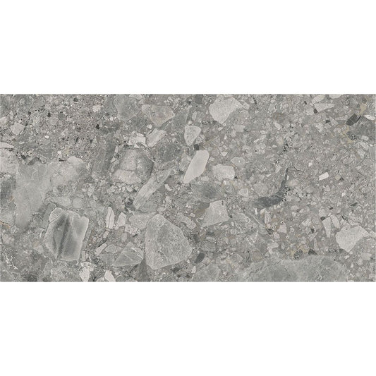 Stack of Ceppo Grey Matte porcelain tiles from a slight angle