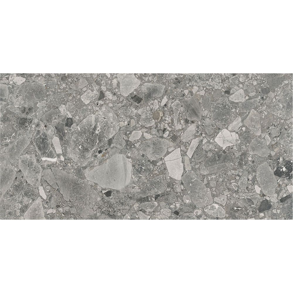 Arrangement of several Ceppo Grey Matte porcelain tiles showcasing the V3 moderate variation