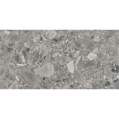 Arrangement of several Ceppo Grey Matte porcelain tiles showcasing the V3 moderate variation