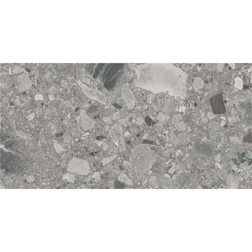 Detail shot of the matte finish and rectified edge of the Ceppo Grey tile
