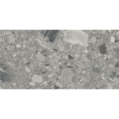 Detail shot of the matte finish and rectified edge of the Ceppo Grey tile