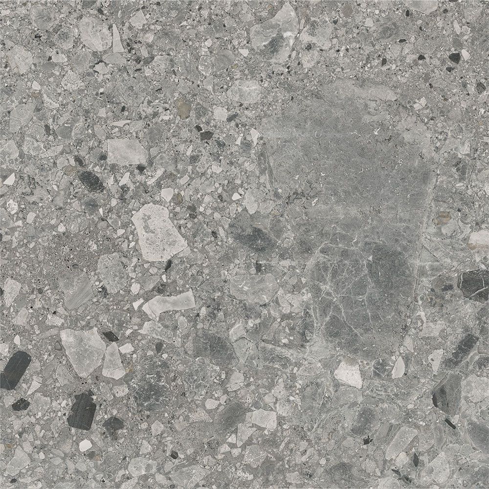 Several Ceppo Grey Matte porcelain tiles laid out, showcasing the V3 moderate variation