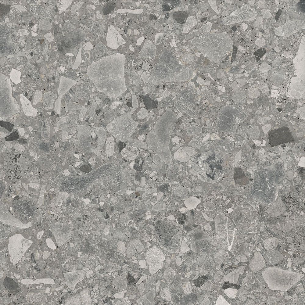 A room floor tiled with Ceppo Grey Matte porcelain, highlighting its natural stone-inspired look