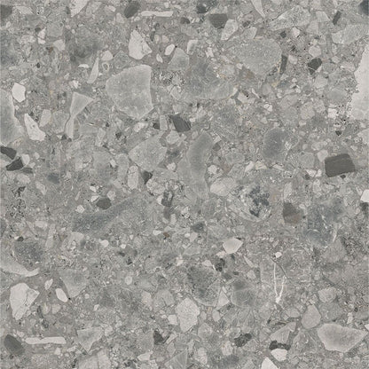 A room floor tiled with Ceppo Grey Matte porcelain, highlighting its natural stone-inspired look