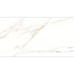Close-up view of a Cava 24x48 Bianco Polished glazed porcelain tile, showing its white marble-like pattern and reflective surface.