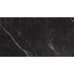 A close-up view of the Cava 24x48 Nero Polished porcelain tile, showing its dark, reflective surface.