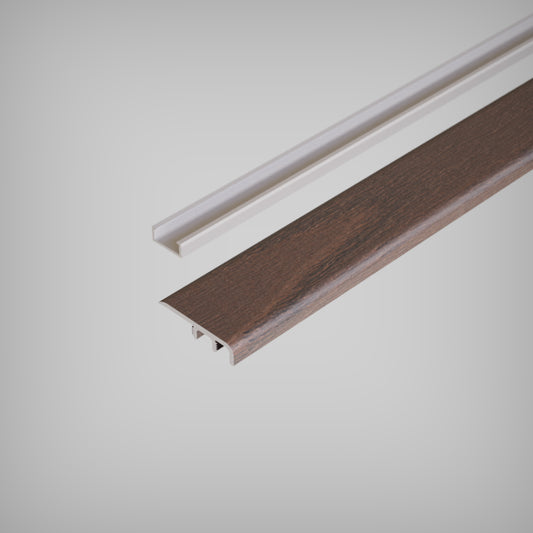 Close-up view of an Inhaus Moldings End Cap with a wood grain texture