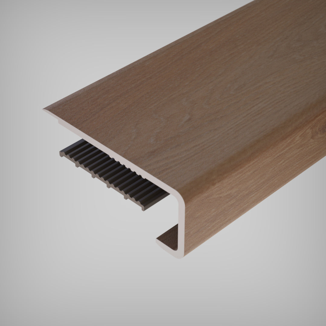 Close-up view of an Inhaus Stairnose Pro moulding in a wood grain finish