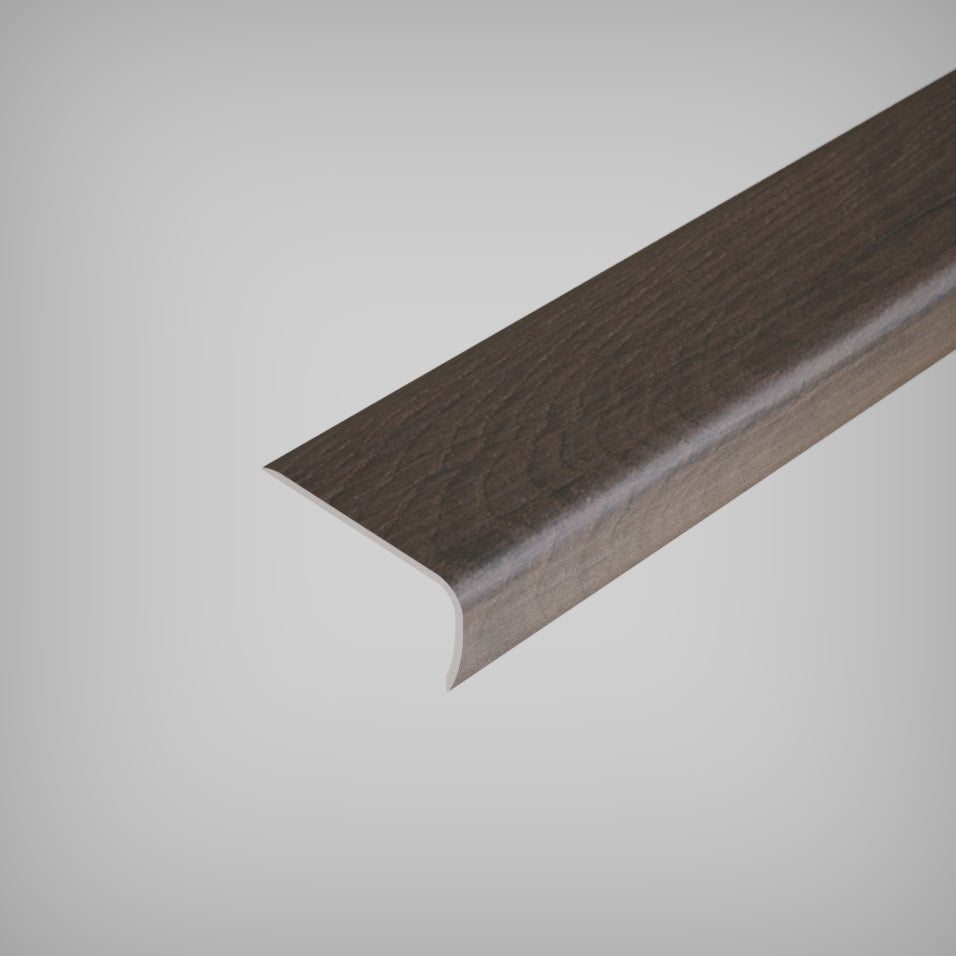 Close-up view of a wood grain stairnose moulding